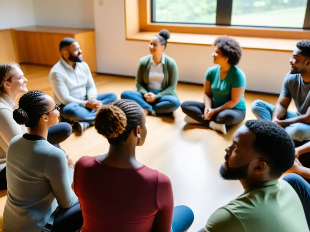 Grupo diverso en círculo, conversando con expresiones atentas en cálido entorno de apoyo mutuo ONG