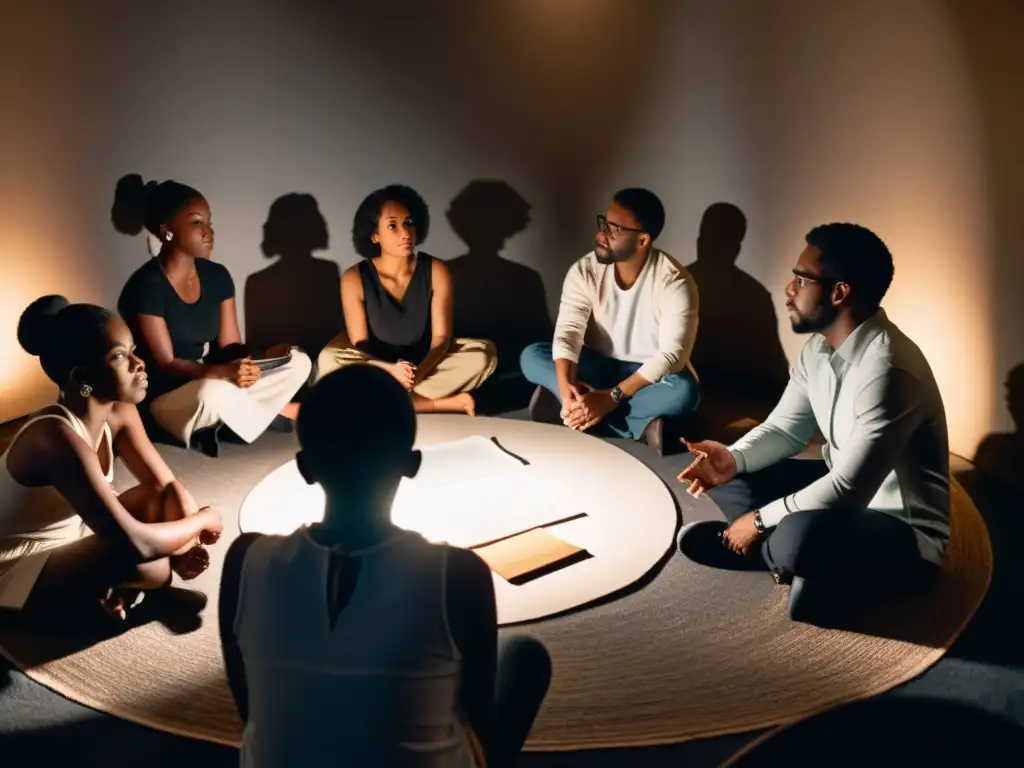 Un grupo diverso se reúne en círculo en una habitación tenue llena de libros, fotos y notas