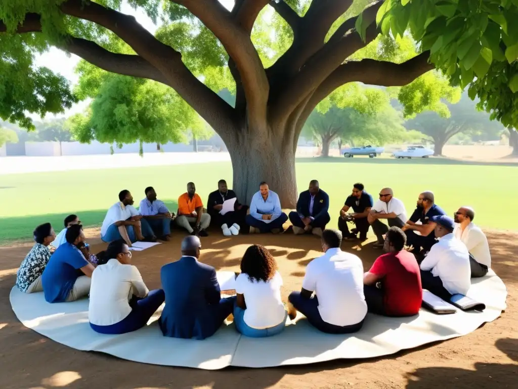 Grupo diverso en círculo bajo árbol, discuten ideas y preocupaciones