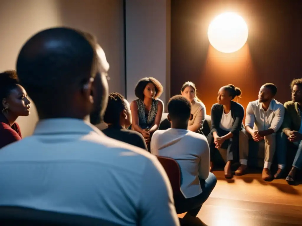 Un grupo diverso se reúne en círculo, escuchando atentamente a un narrador en una habitación cálidamente iluminada