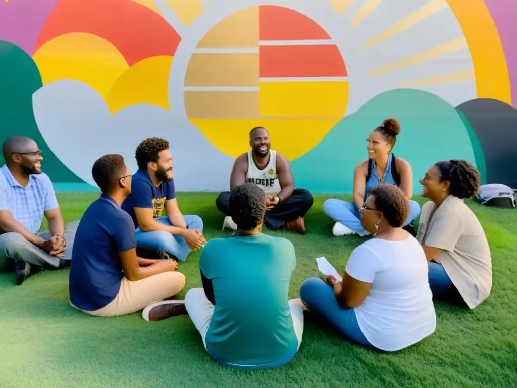 Grupo diverso en círculo, discutiendo políticas locales al atardecer