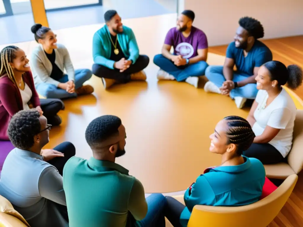 Grupo diverso en círculo, dialogando con respeto y empatía en centro comunitario acogedor, promoviendo gestión diversidad cultural ONGs