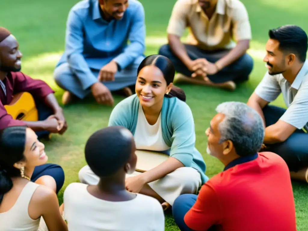 Conversación respetuosa entre culturas en proyecto internacional Grupo diverso en círculo, conversan con respeto y empatía en entorno sereno, promoviendo ética en proyectos internacionales ONG