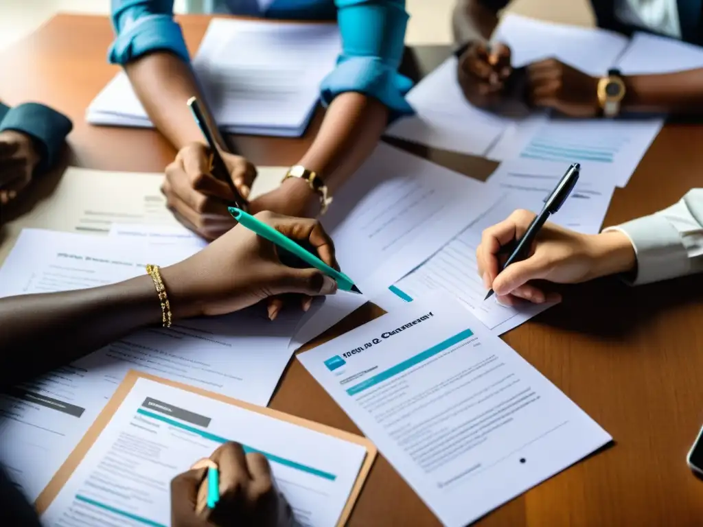 Un grupo diverso de colaboradores participa en una discusión profesional alrededor de una mesa, con papeles, plumas y dispositivos digitales