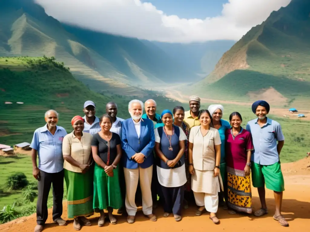 Grupo diverso de colaboradores de ONGs construyendo puentes en relaciones internacionales en una región montañosa remota al atardecer