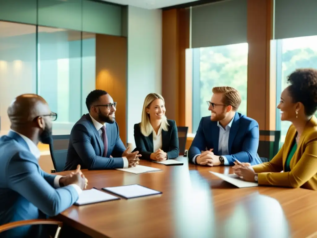 Un grupo diverso y comprometido discute sobre consejos para obtener financiamiento ONG en una moderna sala de juntas