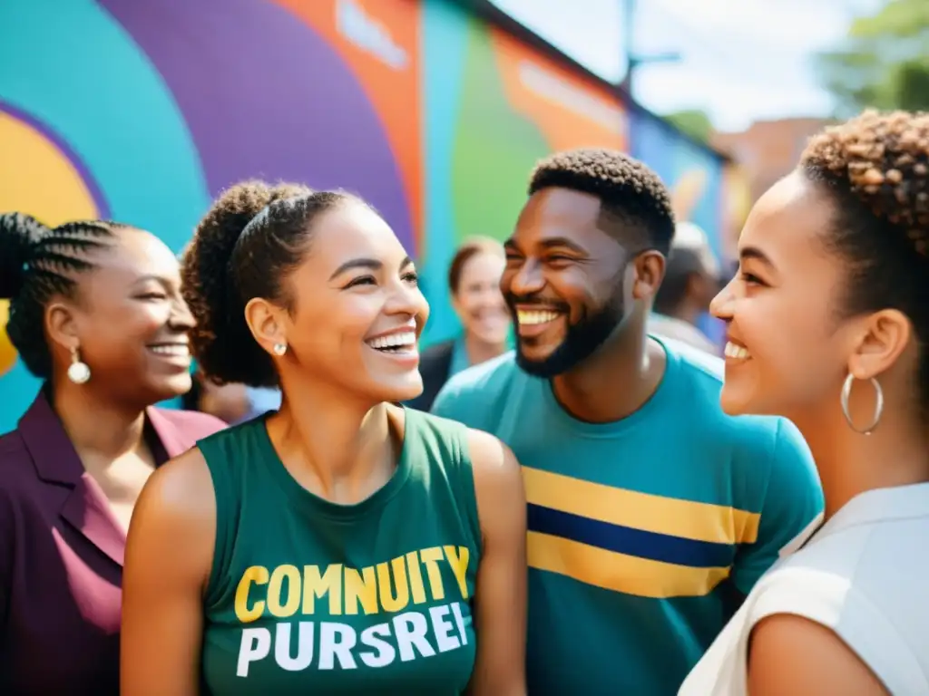 Un grupo diverso y comprometido participando en estrategias de redes sociales para apoyar a una ONG, con sonrisas y un ambiente urbano vibrante