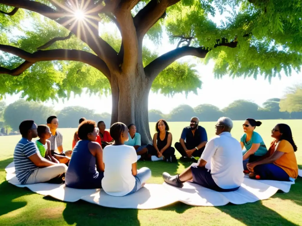 Grupo diverso de la comunidad se reúne bajo un árbol, compartiendo ideas y apoyo