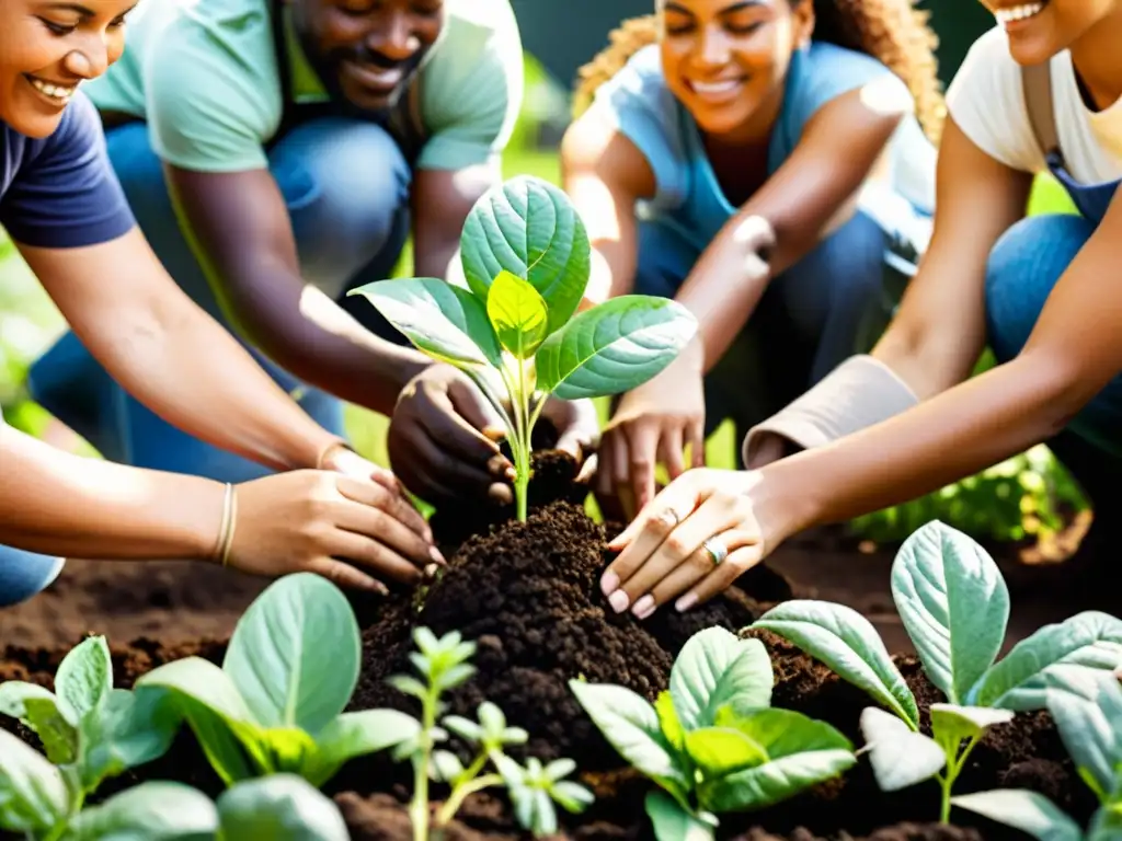 Grupo diverso cultiva en comunidad, reflejando unidad y desarrollo sostenible en ONGs