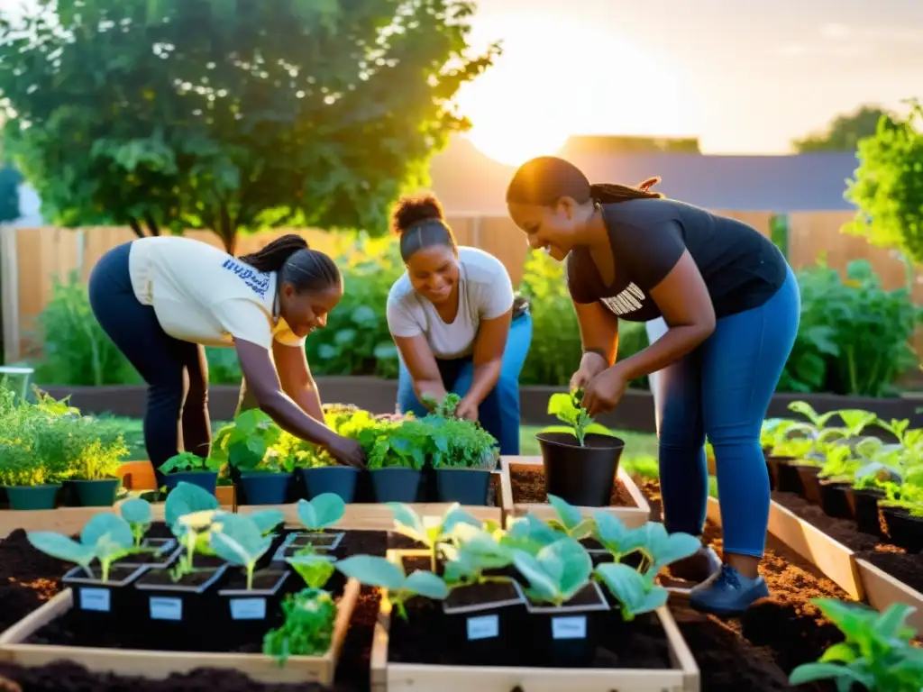 Un grupo diverso trabaja en un jardín comunitario al atardecer, reflejando la esperanza y colaboración de la economía social