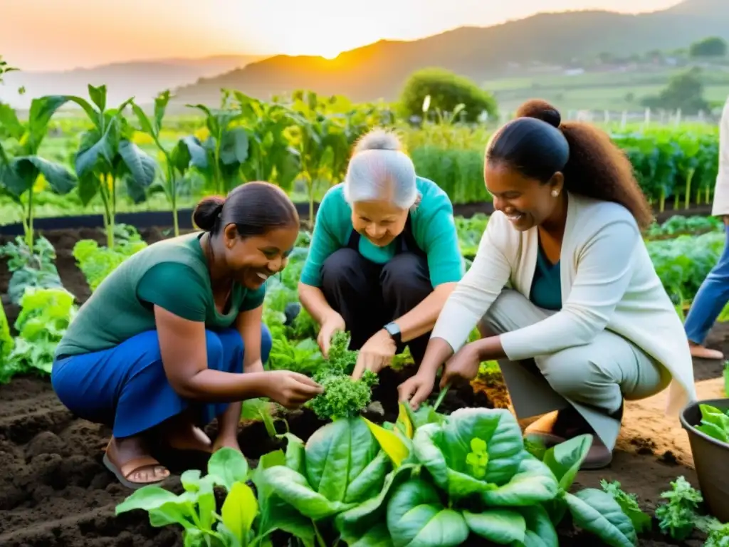 Un grupo diverso cultiva un jardín comunitario al atardecer