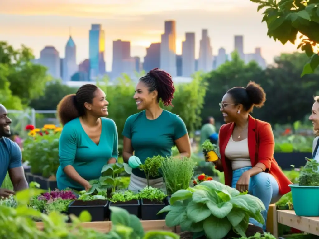 Un grupo diverso cuida un jardín comunitario, con colores vibrantes y un ambiente acogedor