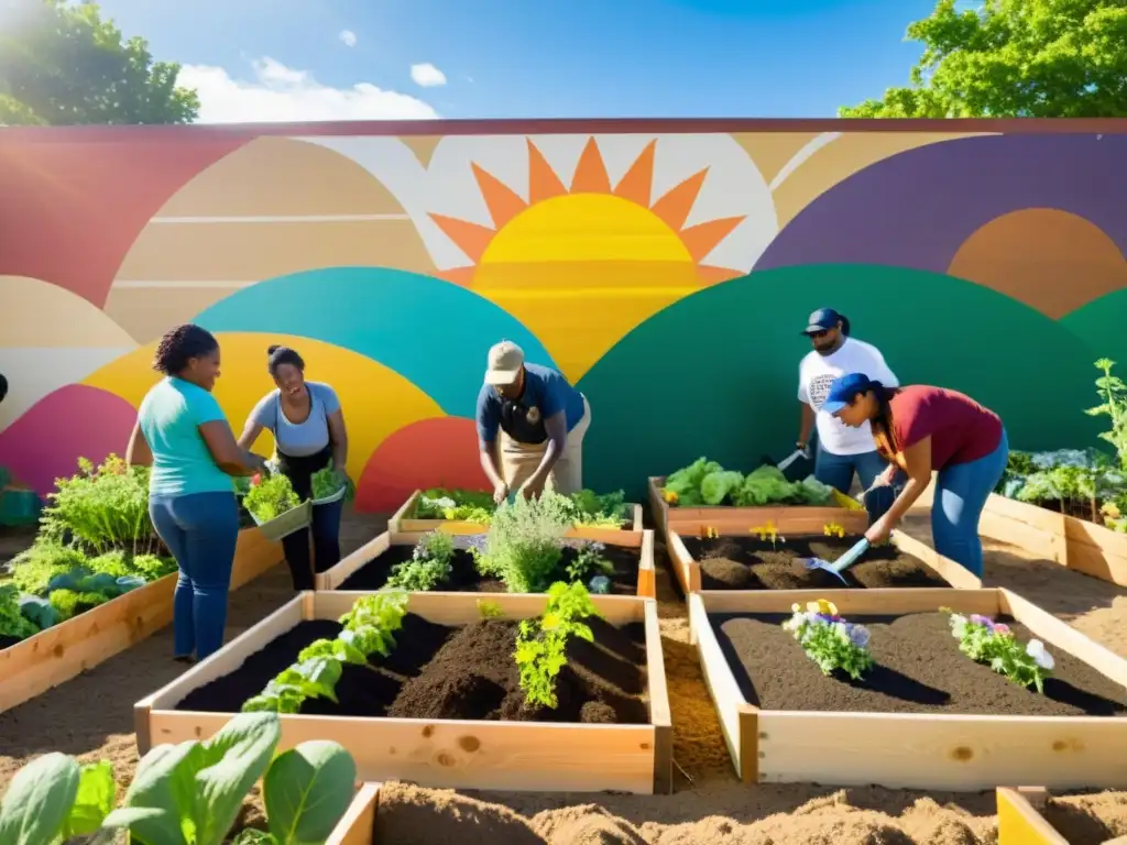 Un grupo diverso colabora en un jardín comunitario, plantando y cuidando frutas, verduras y flores en camas elevadas