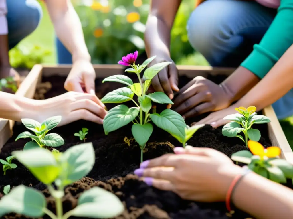 Un grupo diverso colabora en un jardín comunitario, mostrando la importancia de los proyectos de salud comunitaria ONG