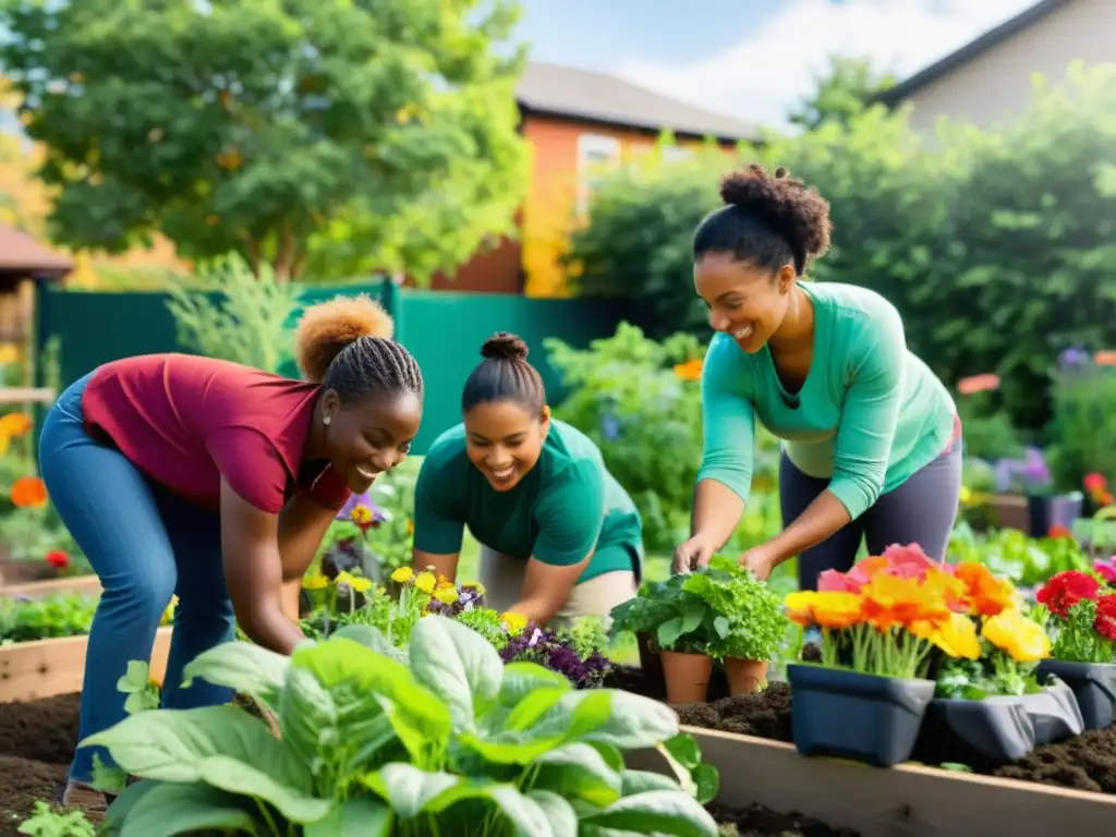 Un grupo diverso trabaja en un jardín comunitario, mostrando integración teoría práctica proyectos sociales con pasión y determinación