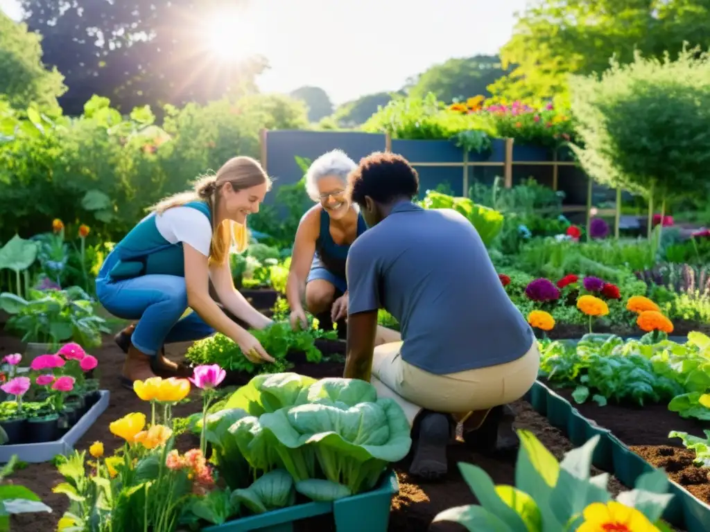 Grupo diverso en jardín comunitario, promoviendo la integración de la comunidad en ONG