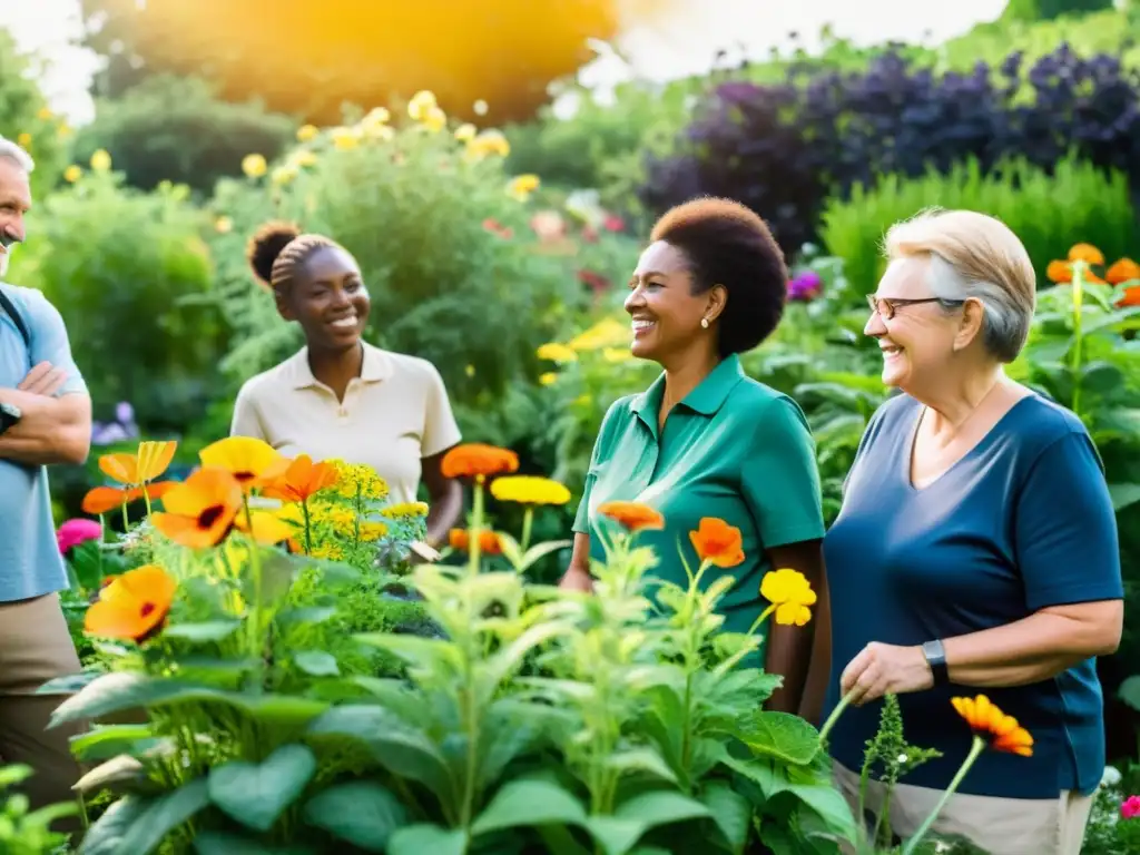 Un grupo diverso trabaja en un jardín comunitario rodeado de flores vibrantes y exuberante vegetación