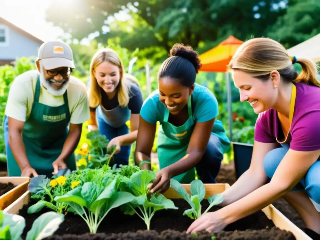 Un grupo diverso trabaja en un jardín comunitario sostenible, destacando la colaboración y el impacto social, con estrategias financiamiento mixto ONG