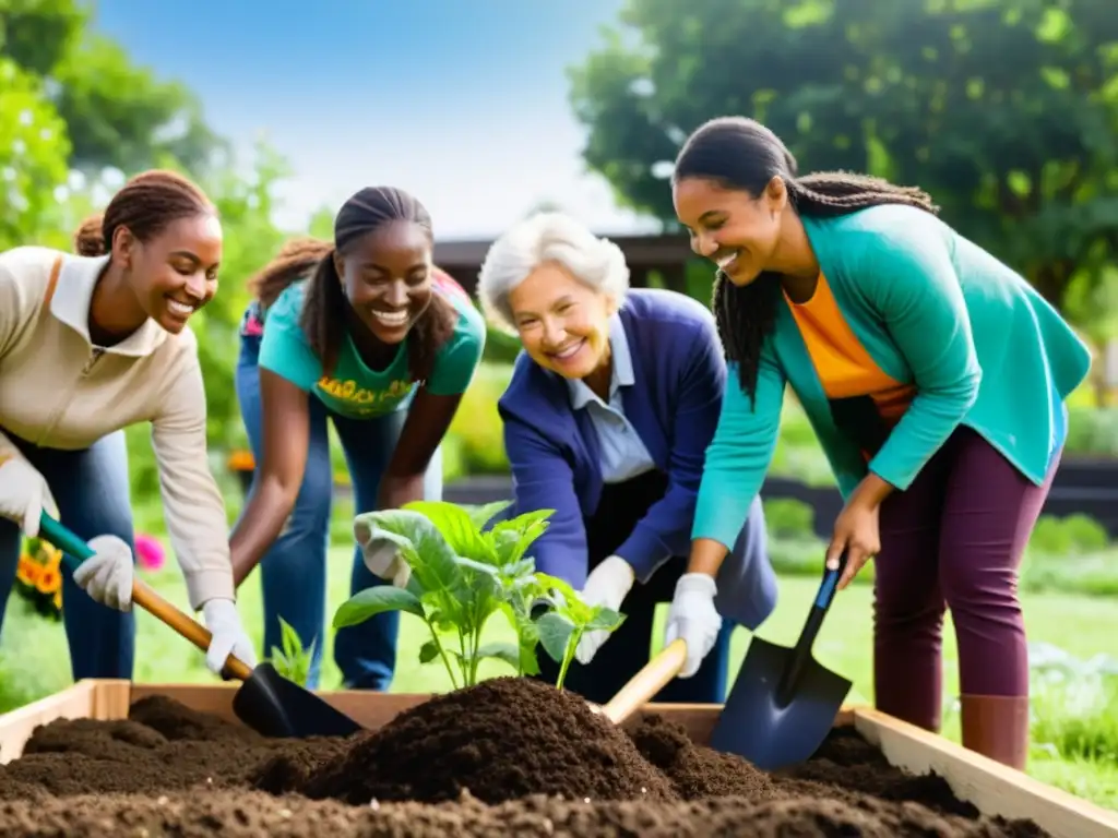 Un grupo diverso colabora en un jardín comunitario sostenible, integrando la sostenibilidad y la capacitación en ONGs