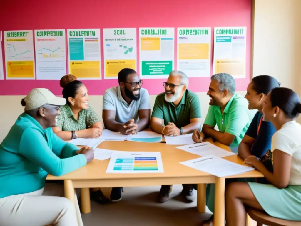 Un grupo diverso se reúne en una cooperativa, discutiendo con entusiasmo