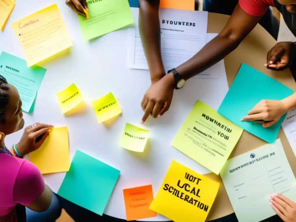 Grupo diverso planifica cronogramas efectivos para proyectos ONGs en reunión comunitaria, rodeados de gráficos y notas coloridas