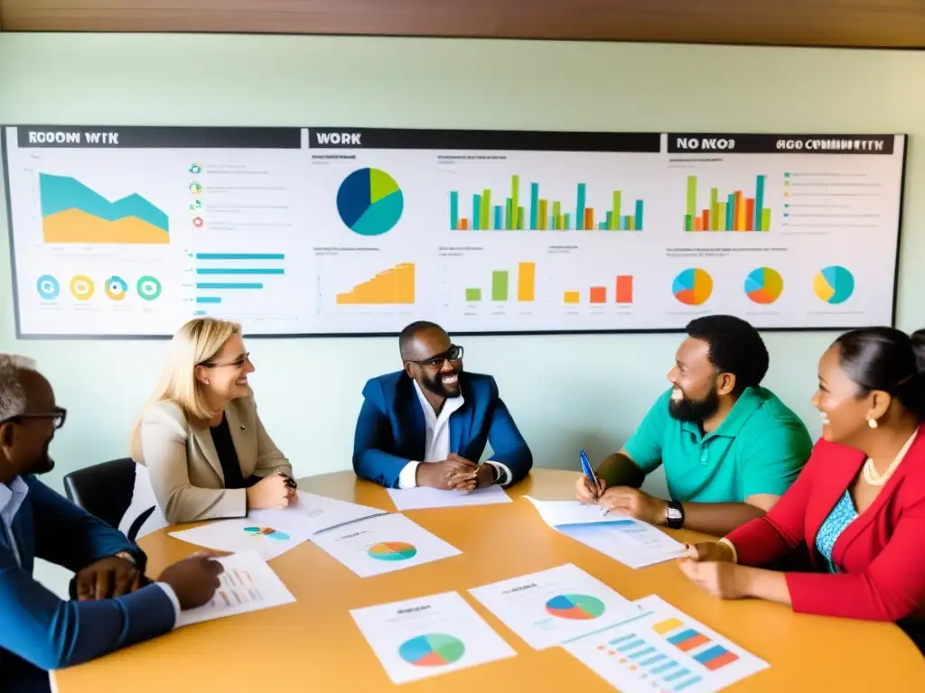 Un grupo diverso discute datos y mira gráficos en una sala iluminada, con infografías coloridas mostrando el impacto