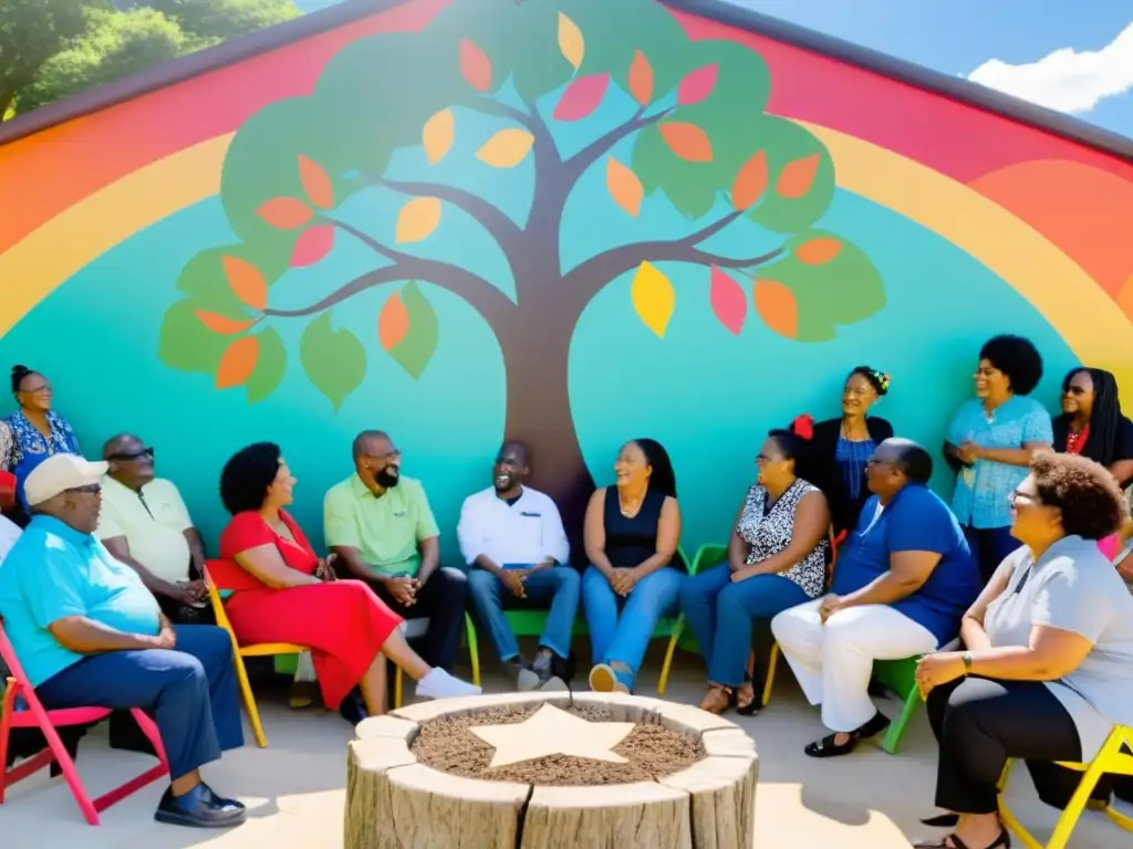 Grupo diverso debate bajo árbol y mural comunitario, fomentando estrategias comunicación efectivas participación comunitaria