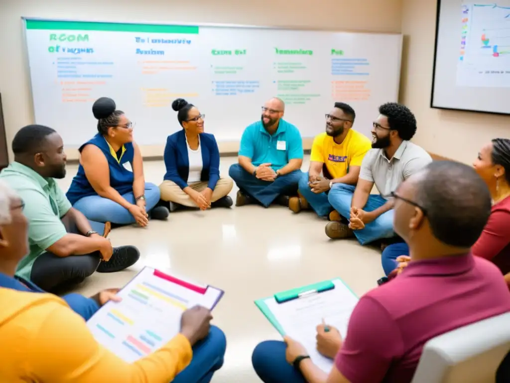 Grupo diverso participa en dinámico taller de innovación social en centro comunitario iluminado