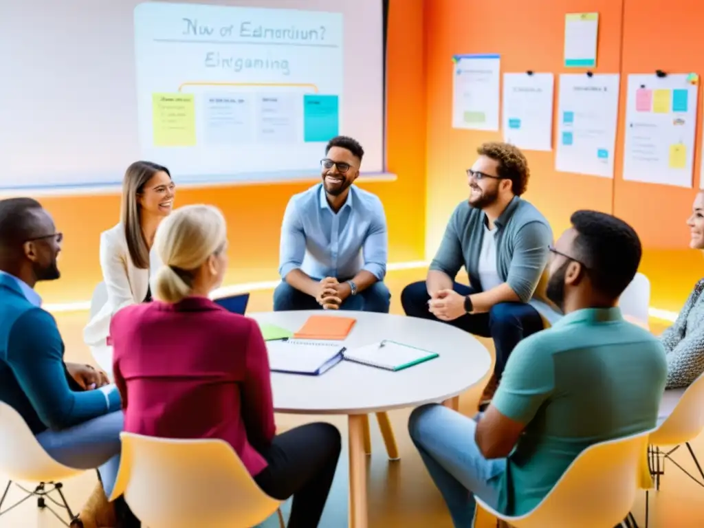 Grupo diverso discute diseño de contenidos elearning ONGs en ambiente colaborativo y dinámico