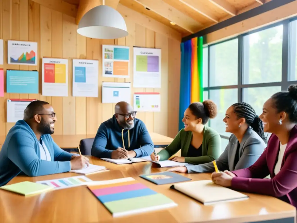 Creación colaborativa de programas de capacitación para ONGs Un grupo diverso colabora en el diseño de programas de formación efectivos en una sala llena de luz natural y motivación