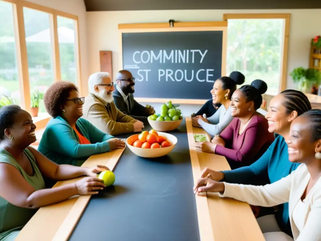 Grupo diverso colabora en economía social solidaria ONGs, mesa llena de productos sostenibles y sonrisas genuinas