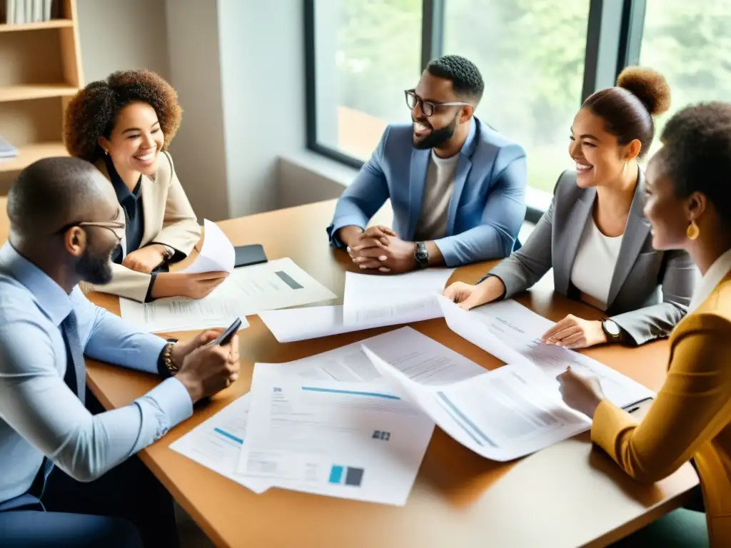 Un grupo diverso colabora en la elaboración de materiales de comunicación efectivos para ONGs, con energía y propósito