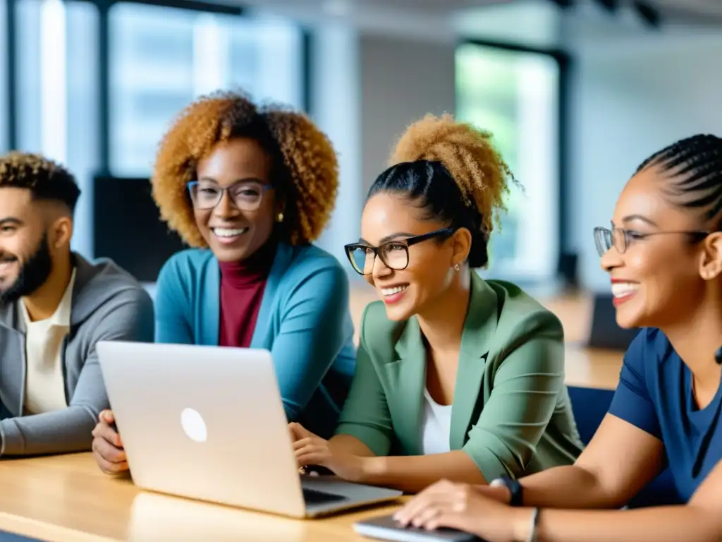 Grupo diverso participa en elearning inclusivo para ONGs, con tecnología accesible y comunidad comprometida