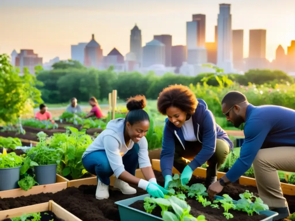 Grupo diverso gestionando emociones en proyecto ONG de jardín urbano sostenible