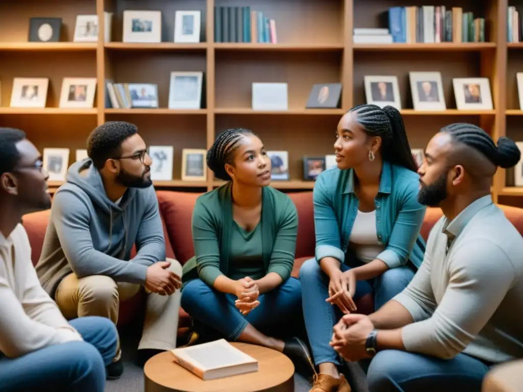 Grupo diverso conversa con empatía en ambiente acogedor, fomentando la ética en el Storytelling ONGs