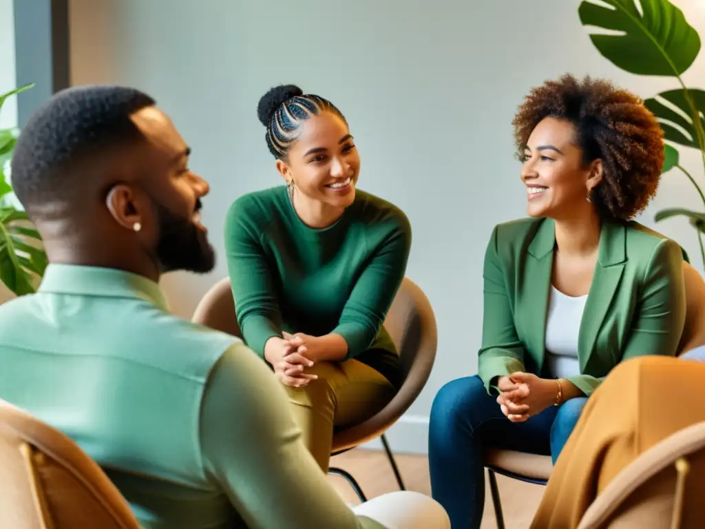 Un grupo diverso conversa con empatía en un entorno acogedor y de apoyo mutuo de una ONG