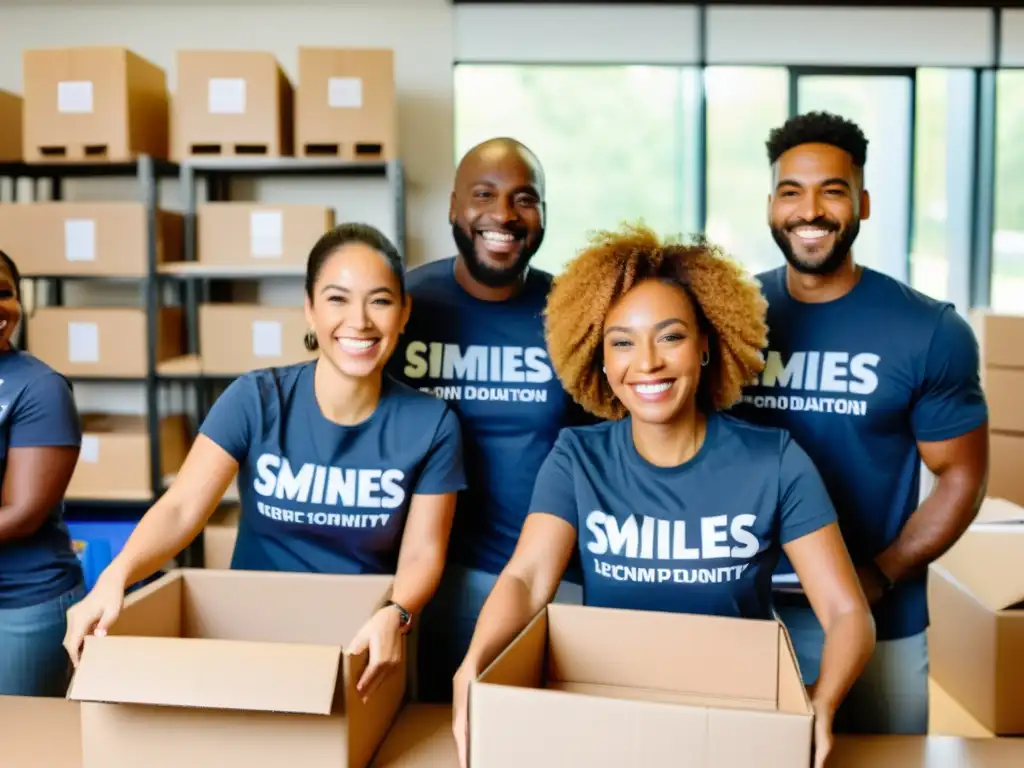 Grupo diverso de empleados en camisetas de empresa colaborando en centro comunitario, empacando donaciones para Fondos de donación de empleados ONG