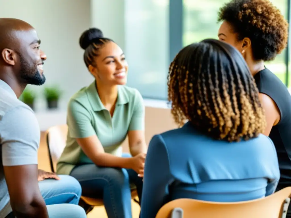 Grupo diverso de empleados en círculo, brindándose apoyo emocional en un ambiente cálido y seguro