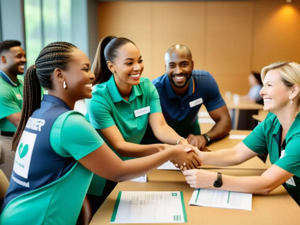 Grupo diverso de empleados organiza evento de recaudación de fondos para ONG, mostrando camaradería y responsabilidad social