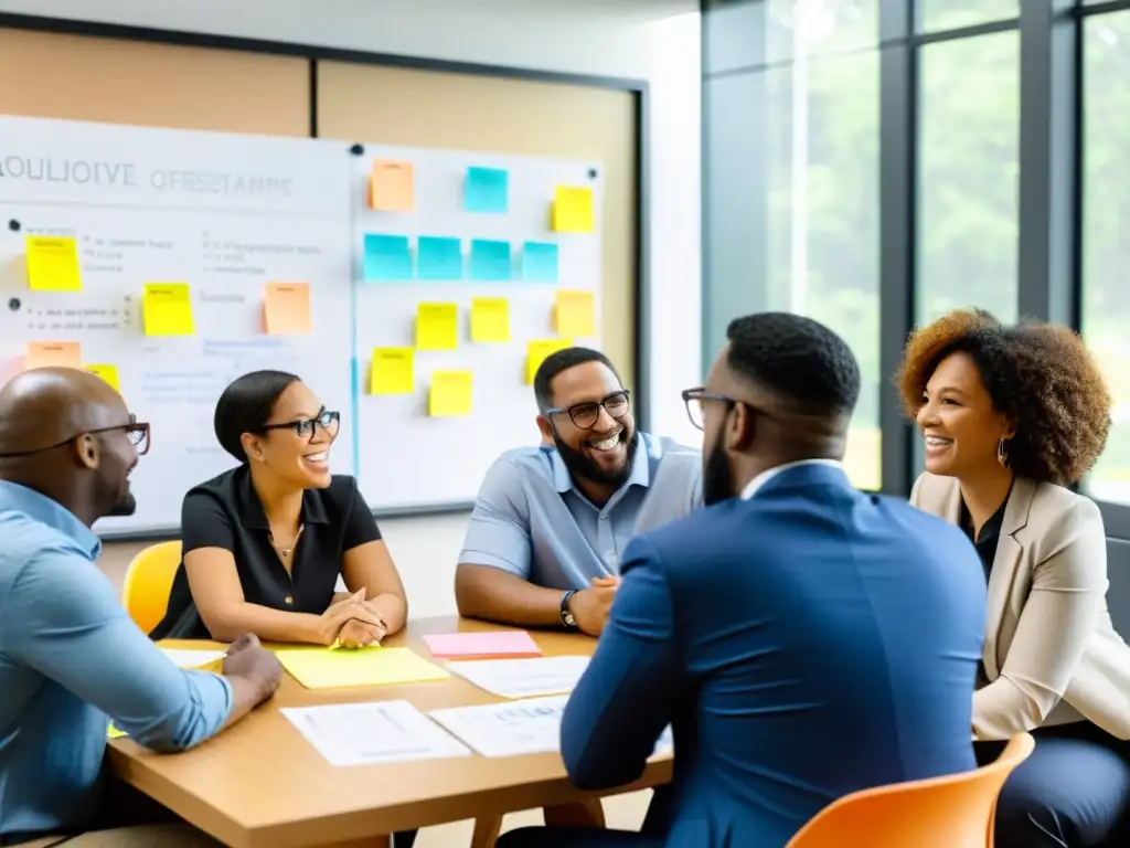 Un grupo diverso de empleados de ONGs colaborando en una sesión de lluvia de ideas, fomentando la cultura de innovación en ONGs