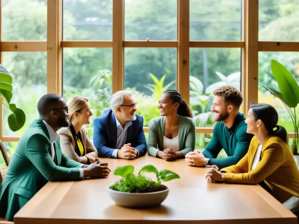 Un grupo diverso de emprendedores y activistas ambientales se reúnen en una mesa, discutiendo estrategias para emprendimientos sostenibles