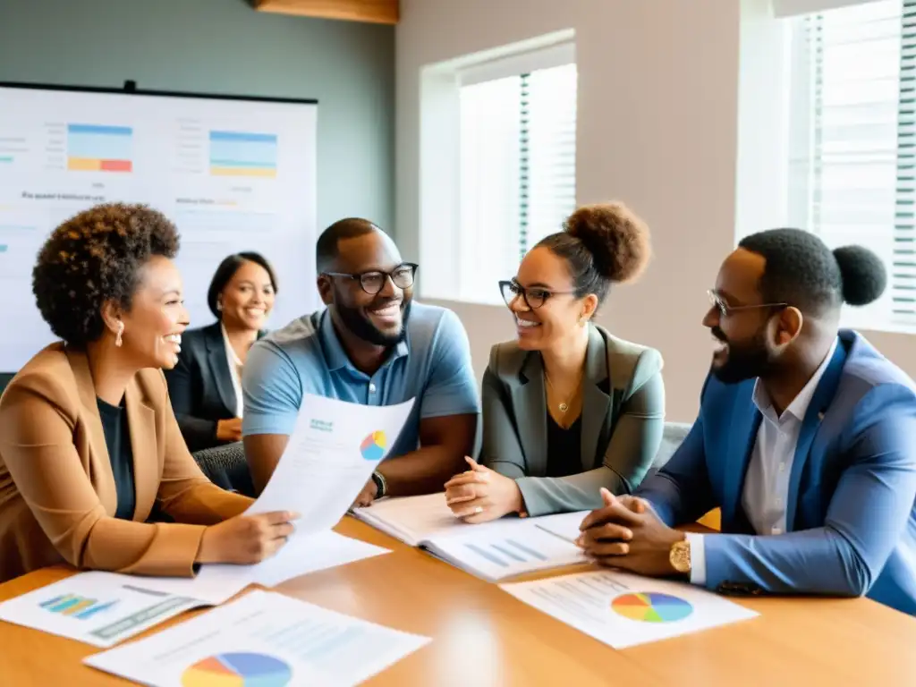 Grupo diverso de emprendedores y líderes comunitarios discuten financiamiento para proyectos sociales en una atmósfera colaborativa y llena de esperanza