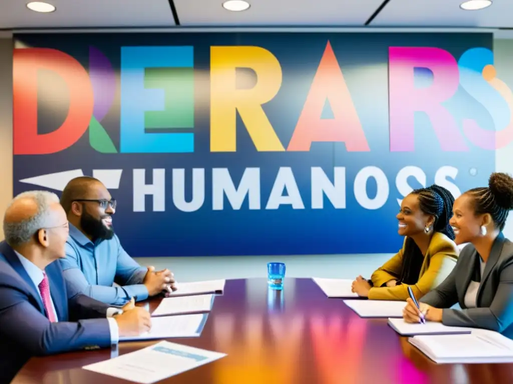 Grupo diverso colabora en enfoque derechos humanos ONG, en sala con posters y equipos, reflejando inclusión y determinación