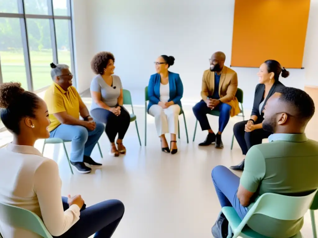 Grupo diverso participa con entusiasmo en una capacitación en ONGs, reflejando colaboración y empoderamiento en un ambiente acogedor y luminoso