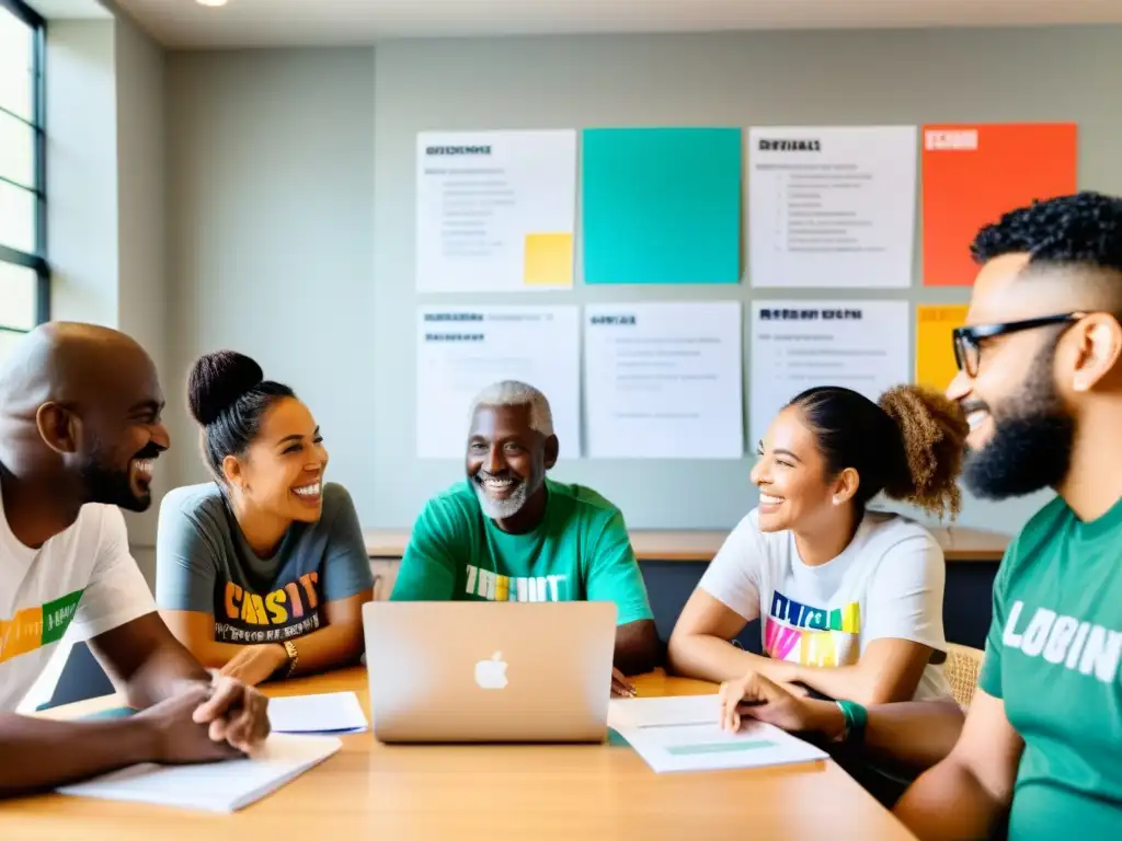 Influencers y ONGs colaboran con pasión Un grupo diverso colabora con entusiasmo para mejorar la reputación digital de ONGs en un ambiente inclusivo y empoderador