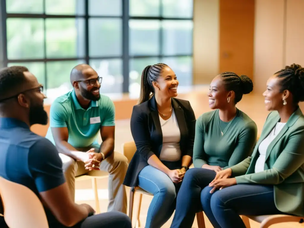 Un grupo diverso se reúne en un espacio comunitario, compartiendo en una emocionante discusión