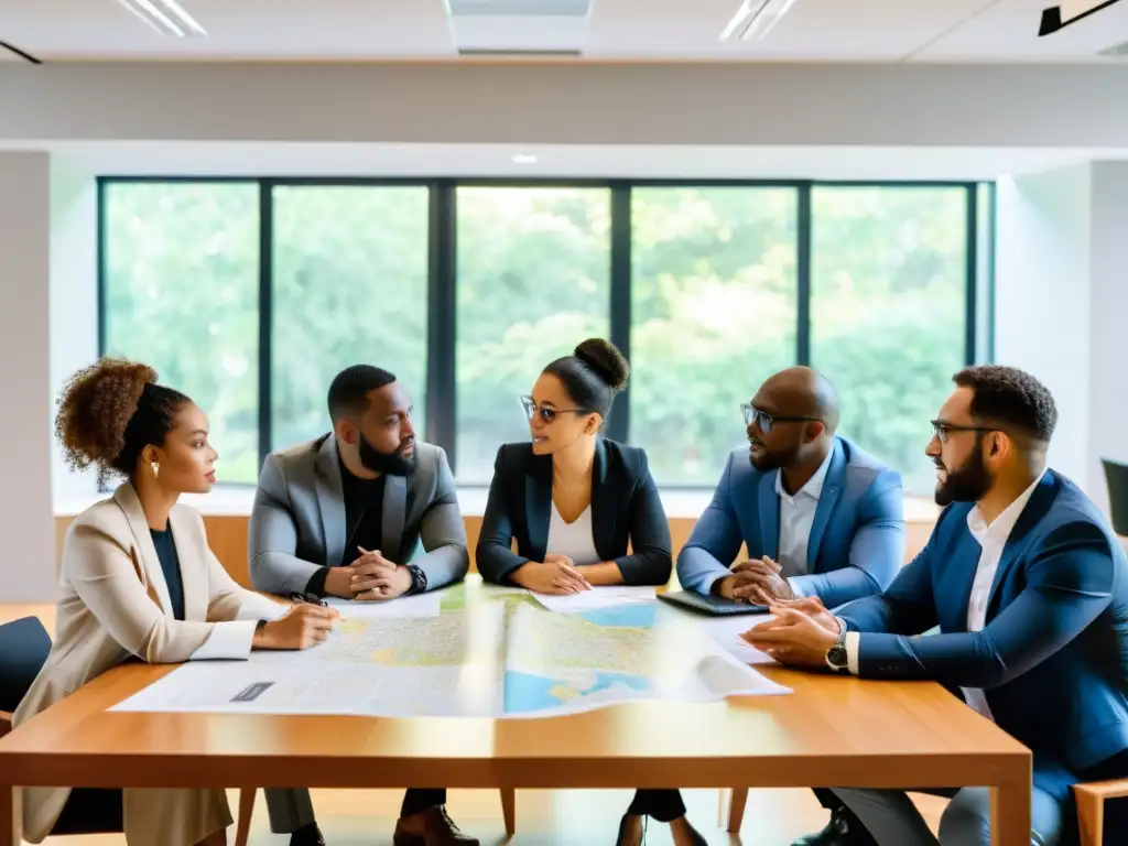 Un grupo diverso colabora con determinación en un espacio luminoso, discutiendo estrategias para el desarrollo sostenible