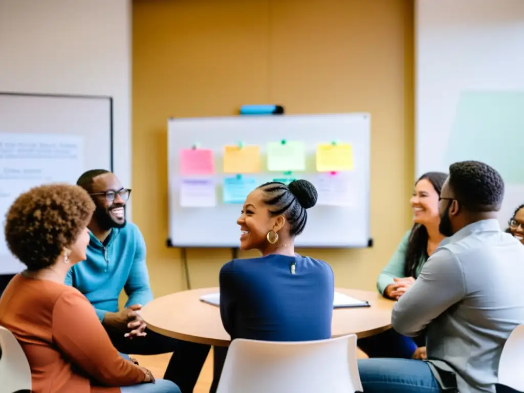 Grupo diverso discutiendo estrategias de comunicación digital en centro comunitario