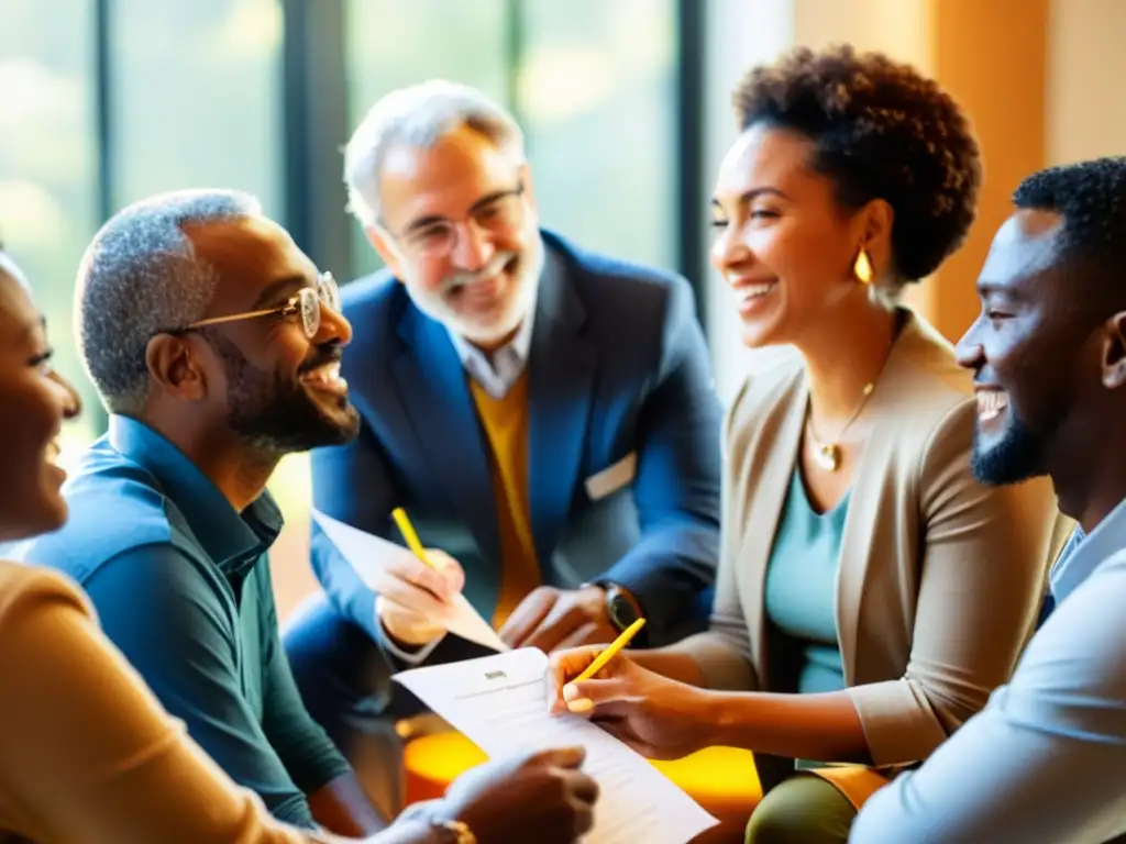 Grupo diverso discute estrategias de financiamiento sostenible para ONG, evocando optimismo y determinación