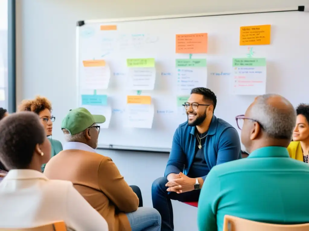 Grupo diverso discute estrategias de financiamiento cultural para ONGs en ambiente colaborativo y dinámico, con luz natural y expresiones animadas